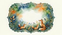 Watercolor forest frame with cute foxes and woodland plants creating decorative border for invitations, cards and nature-themed designs.