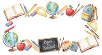 Watercolor back to school supplies frame with books, globe, apple, backpack, pencils and chalkboard on white background for educational design.