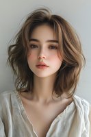 Young Asian woman with tousled brown hair and natural makeup wearing white linen top against light background, soft beauty portrait with gentle lighting.
