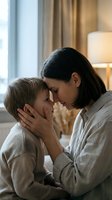 Loving mother and young son sharing tender moment with foreheads touching in cozy home interior with warm lighting for family bonding concepts.