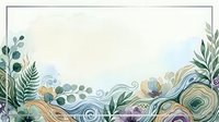 Botanical watercolor border with swirling abstract waves, green foliage, and purple flowers on isolated white background, ready for design projects and invitations.