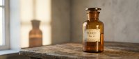 Vintage amber glass apothecary bottle with elixir label on rustic wooden surface near window light, suitable for wellness and vintage design projects.