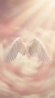 White angel wings isolated on soft pink and cream cloud background, ready for spiritual, religious, and fantasy design projects including greeting cards, posters, and digital artwork.