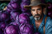 Mature Caucasian farmer with gray beard poses near fresh purple cabbage harvest. Close-up portrait shows authentic agricultural lifestyle in denim and hat.