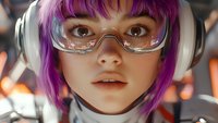 Young Asian woman with vibrant purple hair wearing protective glasses and headphones in futuristic setting, close-up portrait showing detailed facial features and soft lighting.