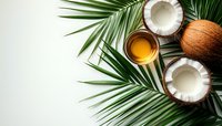 Fresh coconut halves with honey and palm leaves on white background, flat lay composition with copy space for wellness and spa products.
