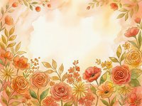 Watercolor floral frame with roses and wildflowers in warm orange and pink tones, featuring a soft center space for text or design.