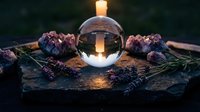 Mystical crystal ball with burning candle surrounded by purple flowers and lavender on dark stone surface creating magical atmospheric scene for spiritual practices.