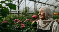 Woman wearing hijab smiling while admiring pink flowers in greenhouse nursery, gardening and horticulture work environment for agricultural business.