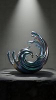 Contemporary glass sculpture with flowing spiral form in iridescent blue and purple tones, displayed on dark stone pedestal under dramatic spotlight lighting for modern art and interior design projects.