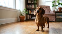Adorable dachshund dog standing on wooden floor in bright modern living room with cozy furniture and green plants creating warm home atmosphere.
