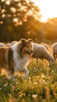 Rough collie dog sitting in golden sunset light with sheep flock grazing in background meadow during warm evening pastoral scene for agriculture content.
