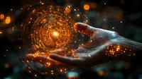 Mystical glowing orange spiral hovers above an open palm against dark background, with magical light particles and bokeh effects creating supernatural atmosphere.