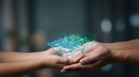 Hands holding glowing digital holographic network grid representing data transfer, connectivity and futuristic technology concepts for business presentations.