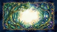 Enchanted forest frame with glowing trees, mushrooms, and magical light, watercolor style, perfect for fantasy cards, invitations, and book covers.