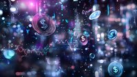 Glowing dollar symbols and financial charts float in dark space with bokeh lights and trading graphs, creating futuristic cryptocurrency market visualization.