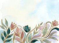 Elegant watercolor floral background with gold line art tulips and leaves in soft pastel pink, teal, and sage tones for wedding or luxury design.