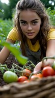 Young Caucasian woman in yellow t-shirt harvesting fresh organic tomatoes from garden. Natural daylight and green foliage create authentic farm-to-table atmosphere.