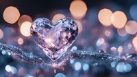 Crystal heart shape on glittering surface with soft pink and blue bokeh lights in background creating romantic atmosphere for Valentine's day and love concepts.