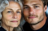 Senior Caucasian woman with gray hair and young Caucasian man with beard smiling together in close portrait showing intergenerational family bond and love.