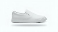 White slip-on sneaker with clean minimalist design, isolated on white background, side view, casual footwear for fashion and retail use.
