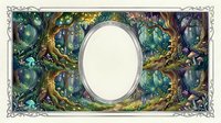 Ornate oval frame surrounded by mystical forest with glowing mushrooms, twisted trees and magical creatures. Fantasy border design for certificates, invitations.