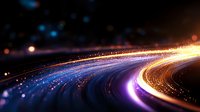 Glowing curved light trails with sparkles and bokeh effects on dark background create dynamic motion and energy flow in abstract composition.