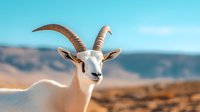 White antelope with curved horns looking at camera against blurred desert landscape and blue sky background, wildlife photography in natural habitat.