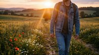 Woman farmer in denim walking through blooming wildflower field at golden hour sunset. Agricultural worker inspecting crops in rural countryside landscape.
