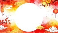 Chinese New Year festive frame with red lanterns, plum blossoms and traditional cloud patterns on watercolor background for holiday greeting cards.