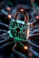 Glowing padlock with electric lightning effect inside transparent body against dark background with bokeh lights, symbolizing cybersecurity and data protection.
