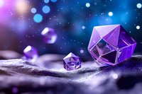 Purple crystal geometric shapes on glittering surface against dark blue bokeh background with magical light effects and sparkles creating mystical atmosphere.
