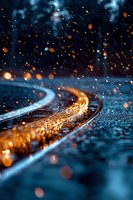 Glowing railway tracks in rain with golden sparkles and bokeh effects creating magical atmosphere at night, dramatic perspective view with water droplets.