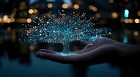 Glowing blue holographic tree floating above an outstretched palm at night, with bokeh lights in background creating magical atmosphere. Digital art concept.