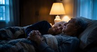 Senior couple sleeping peacefully together in bed at night with warm lamp light creating cozy bedroom atmosphere for rest and relaxation.