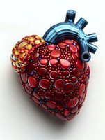 Stylized anatomical heart rendered in metallic red bubbles and blue mechanical elements on white background, artistic medical concept for cardiovascular health.