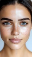 Young woman's face split showing skin before and after makeup application, highlighting natural freckles and flawless complexion with bright blue eyes and nude lips.