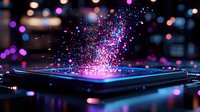 Glowing particles erupting from modern smartphone screen with vibrant pink and blue light effects against dark background, creating magical technology concept.