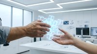 Young professional woman and mature man exchanging digital data visualization with glowing blue holographic icons in modern office workspace for technology collaboration and innovation concepts.