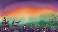 Spooky Halloween watercolor background with haunted house, ghost, bats, pumpkin, and spider web on vibrant purple, orange, and green sky.