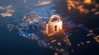 Digital golden padlock on circuit board background with glowing connections represents cybersecurity, data protection and network safety in technology.