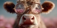 Fluffy brown cow wearing rose gold glasses reflecting pink flower field, close-up portrait against blurred floral landscape.