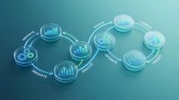 Interconnected glass spheres displaying financial charts and data analytics icons arranged in a circular workflow diagram on a gradient blue background for business process visualization.