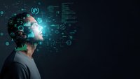 Professional businessman analyzing complex digital data visualization with holographic interface displaying charts, graphs and analytics on dark background.