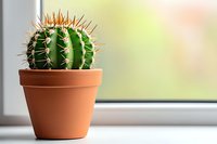 Small round barrel cactus with sharp spines growing in traditional terracotta pot on windowsill with soft natural daylight and blurred background.