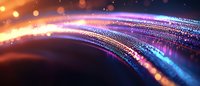 Glowing curved light trail with orange and blue particles flowing in dark space, creating dynamic motion effect with bokeh and sparkles in background.