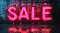 Glowing pink neon sale sign on grungy concrete wall with reflection on wet floor, creating moody urban atmosphere for retail and promotional designs.