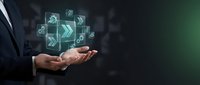 Businessman hand presenting holographic digital icons with arrows and symbols representing technology innovation and business growth solutions.