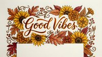Autumn floral frame with Good Vibes lettering, sunflowers and fall leaves in warm colors. Seasonal greeting card design for positive motivation quotes.