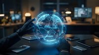 Businessman holding glowing digital globe with network connections in modern office workspace for global business technology concepts.